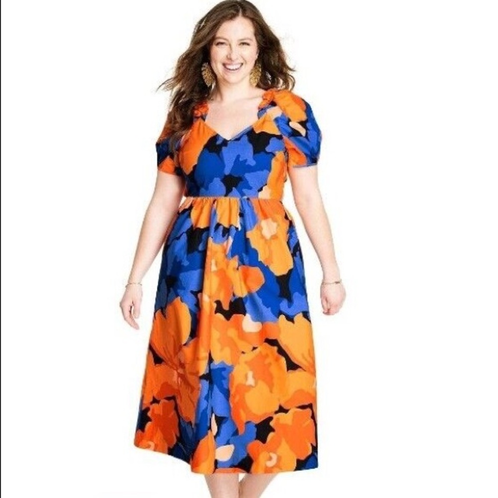 Women's Orange & Blue Floral Midi Dress - Tabitha Brown size 28W/30W